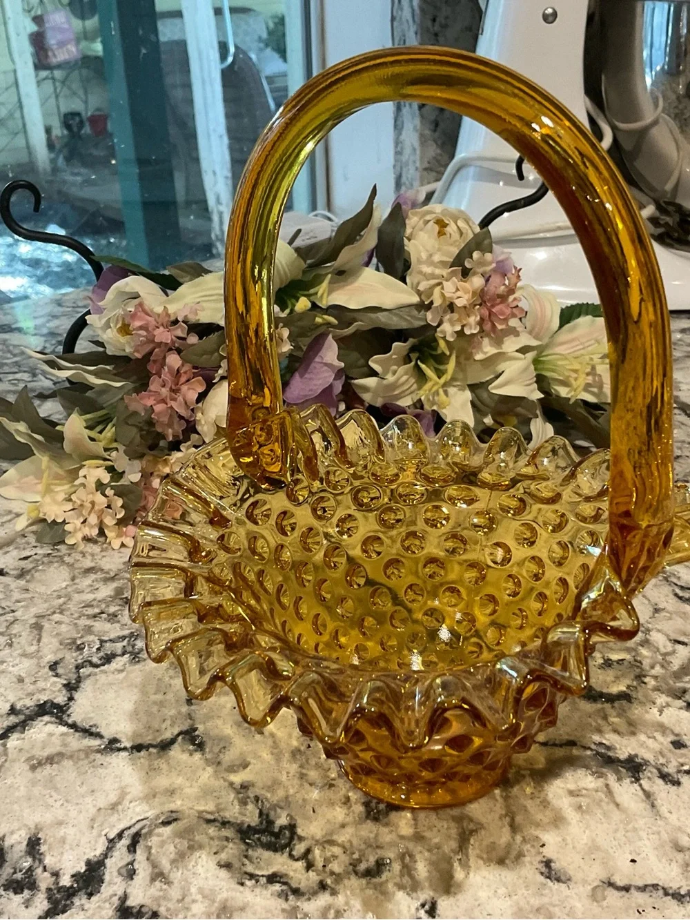 BP-Fenton Amber Hobnail Glass Basket with Ruffled Edge 8 IN.
